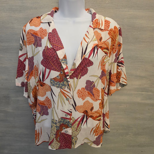 Rachel Zoe Multicolor Floral Deep Collared Vneck Button Down Blouse Size XL Good Condition