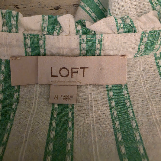 Loft 100% Cotton Dobby Striped Ruffle Front Button Down Shirt Size Medium Good Condition