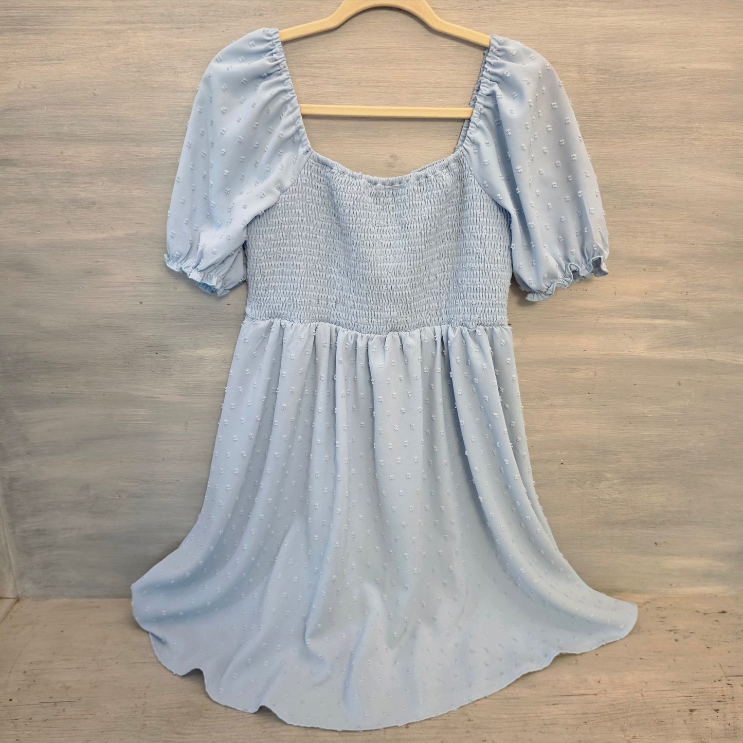 Pinup Fashion Pale Blue Swiss Dot Above Knee Baby Doll Dress Size Large Good Condition