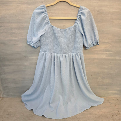 Pinup Fashion Pale Blue Swiss Dot Above Knee Baby Doll Dress Size Large Good Condition