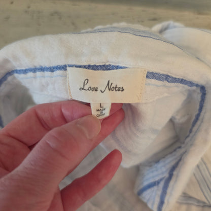 Love Notes 100% Cotton Blue White Striped Button Down Cropped Blouse Size Large Good Condition
