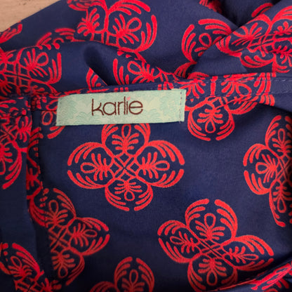 Karlie Blue Red Geometric Block Print Floral Motif Shift Mini Dress Size Medium Good Condition