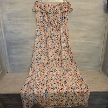 Tulle Multicolor Abstract Print Ruffle Neck Strapless Maxi Dress Size Medium Good Condition