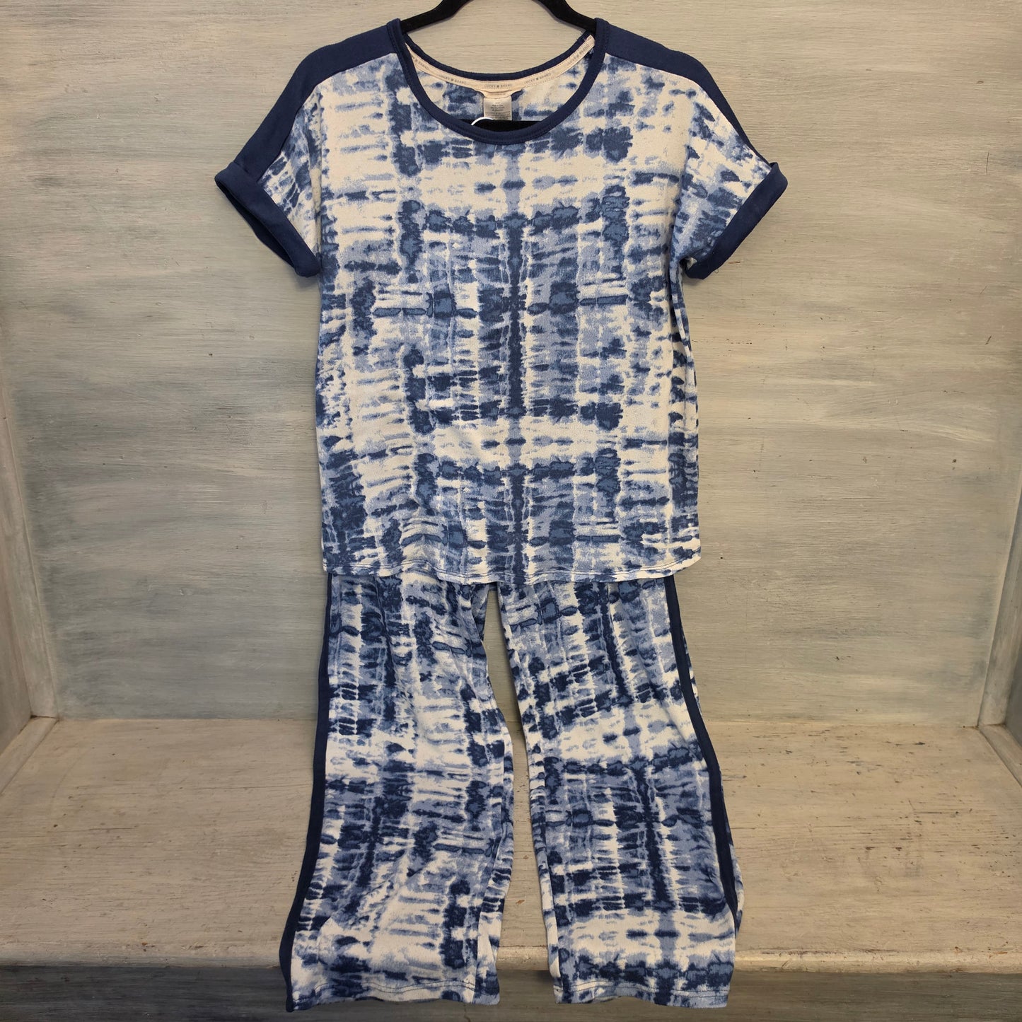 Lucky Brand Knit Blue White Tie Dye Shirt & Pants Pajama Lounge Set Size Small Good Condition