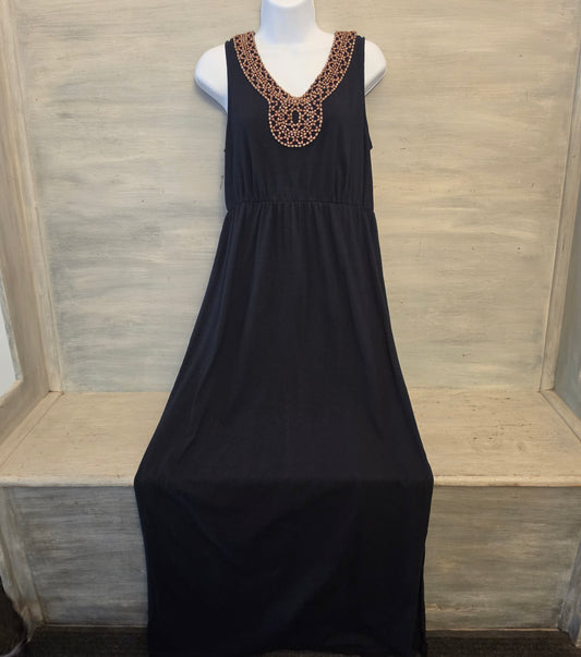 Sonoma Black Beaded Neckline Tank Style Sleeveless Maxi Dress Size Medium Good Condition