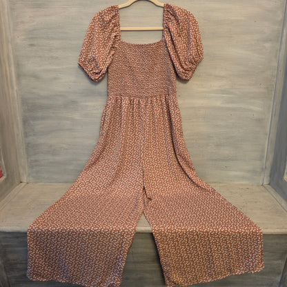 Jim & Nora Rust Floral Print Puffed Sleeve Wide Leg Jumpsuit Size Large Good Condition