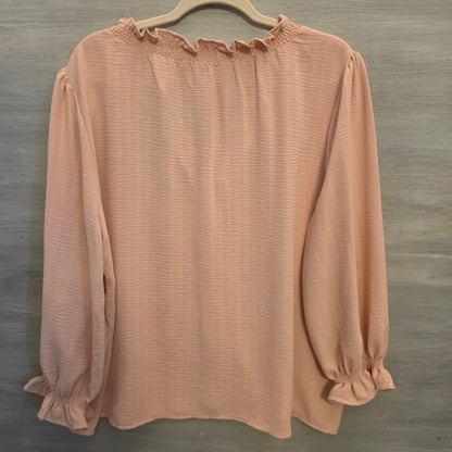 Entro Apricot Ruffle Split Collar Vneck Button Down Blouse Size Large Good Condition