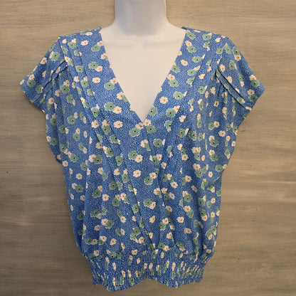 Melloday Sky Blue White Green Daisy Print Vneck Blouse Size XL Good Condition