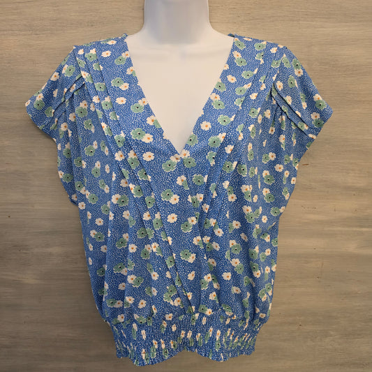 Melloday Sky Blue White Green Daisy Print Vneck Blouse Size XL Good Condition