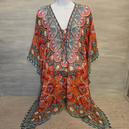 Charlie Paige Flowy Colorful Boho Print Beach/Pool Kaftan Coverup One Size Good Condition