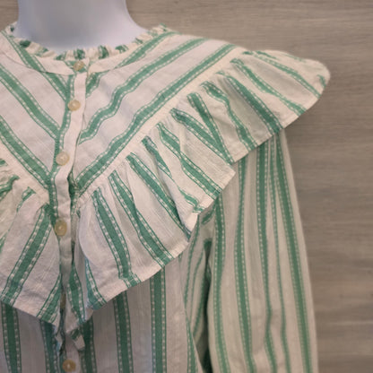 Loft 100% Cotton Dobby Striped Ruffle Front Button Down Shirt Size Medium Good Condition