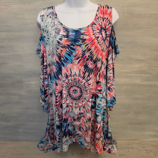 Vibrant Multicolor Tie Dye Cut Out Cold Shoulder Tunic Top Size 2XL Good Condition