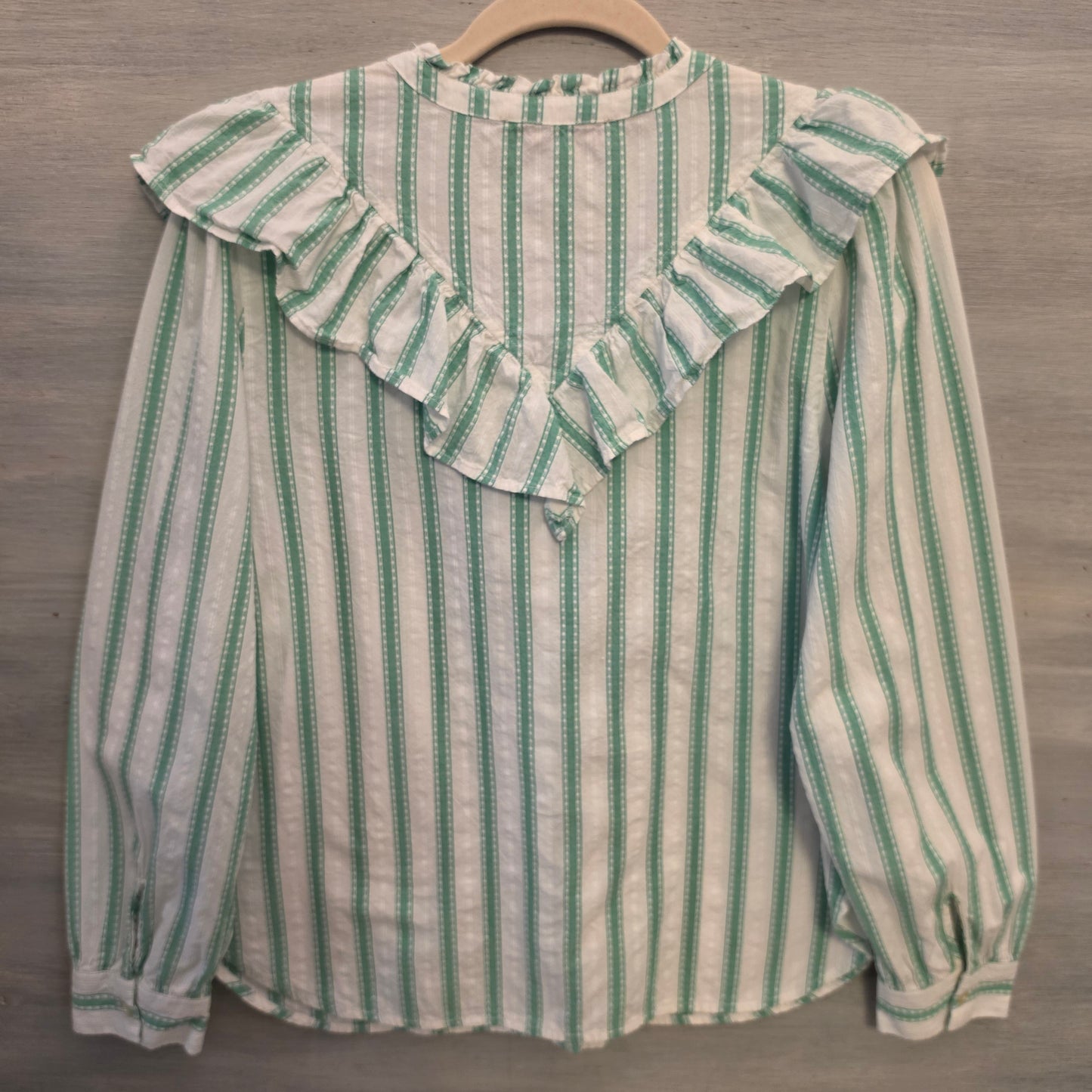 Loft 100% Cotton Dobby Striped Ruffle Front Button Down Shirt Size Medium Good Condition