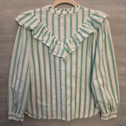 Loft 100% Cotton Dobby Striped Ruffle Front Button Down Shirt Size Medium Good Condition