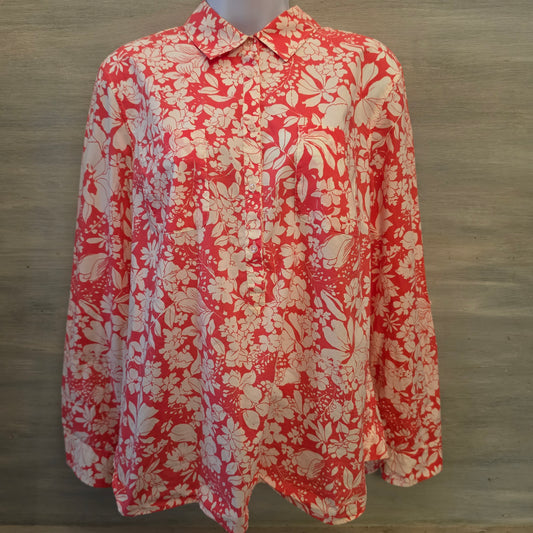 Talbots 100% Cotton Hawaiian Floral Print Button Down Shirt Blouse Size 12 Good Condition