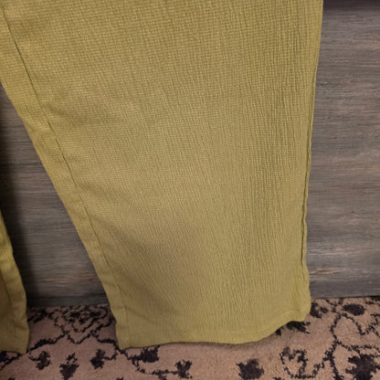 Shein Chartreuse Green Crepe Ruched Strapless Wide Leg Jumpsuit Size Small Good Condition