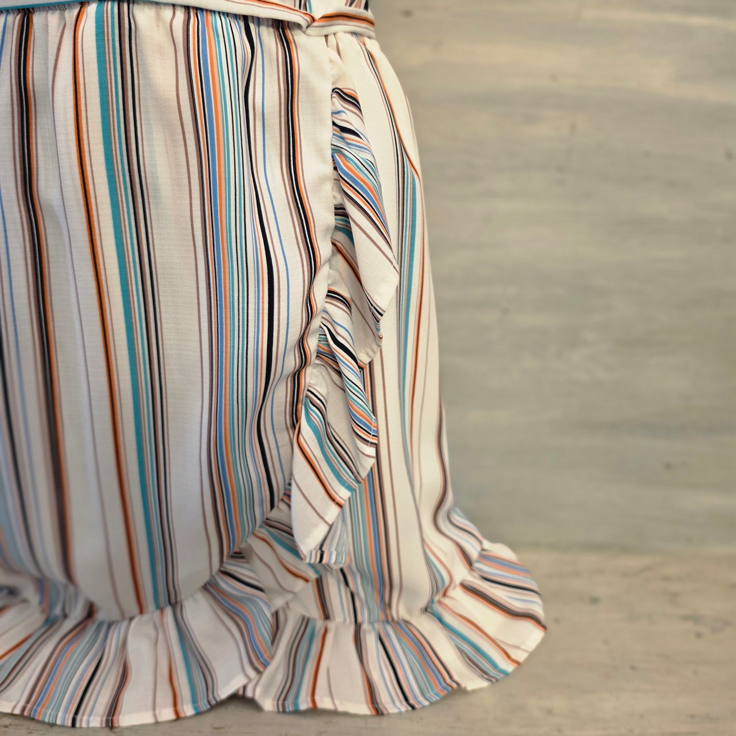 Harper Heritage Multicolor Stripe Faux Wrap Ruffle Hem Mini Dress Size Small Good Condition