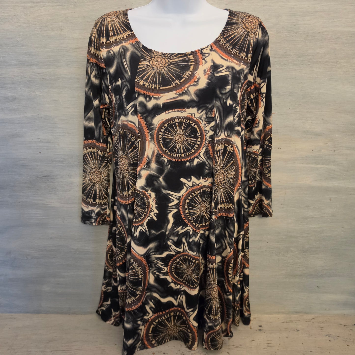Multicolor Sunburst Medallion Print 3/4 Sleeve Mini Dress Size Small Good Condition