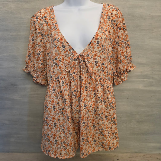 Shein Curve Peach Floral Print Vneck Tie Front Babydoll Blouse Size 1X Good Condition