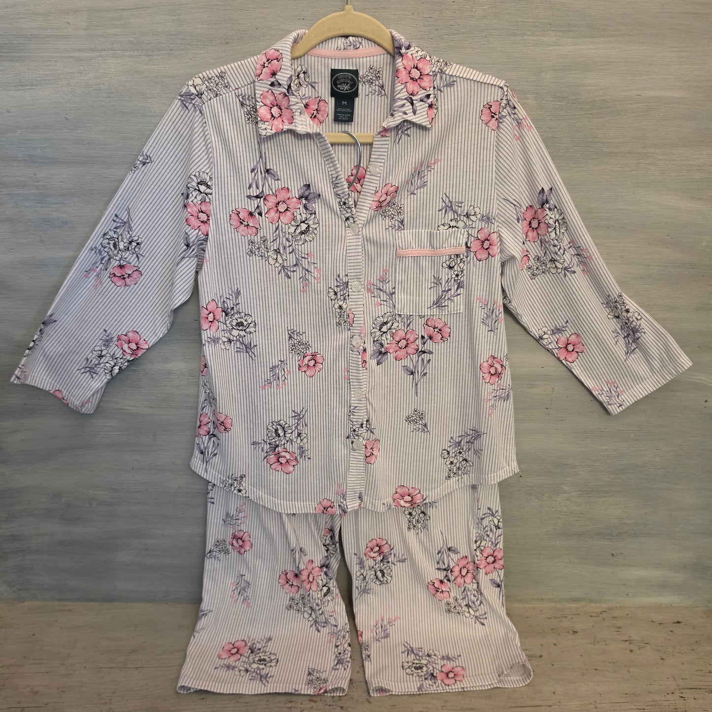 Vintage Laura Ashley 60% Cotton Floral Striped Pajama Sleepwear Set Size Medium Good Condition