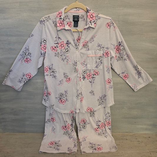 Vintage Laura Ashley 60% Cotton Floral Striped Pajama Sleepwear Set Size Medium Good Condition