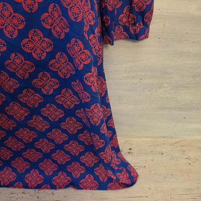 Karlie Blue Red Geometric Block Print Floral Motif Shift Mini Dress Size Medium Good Condition