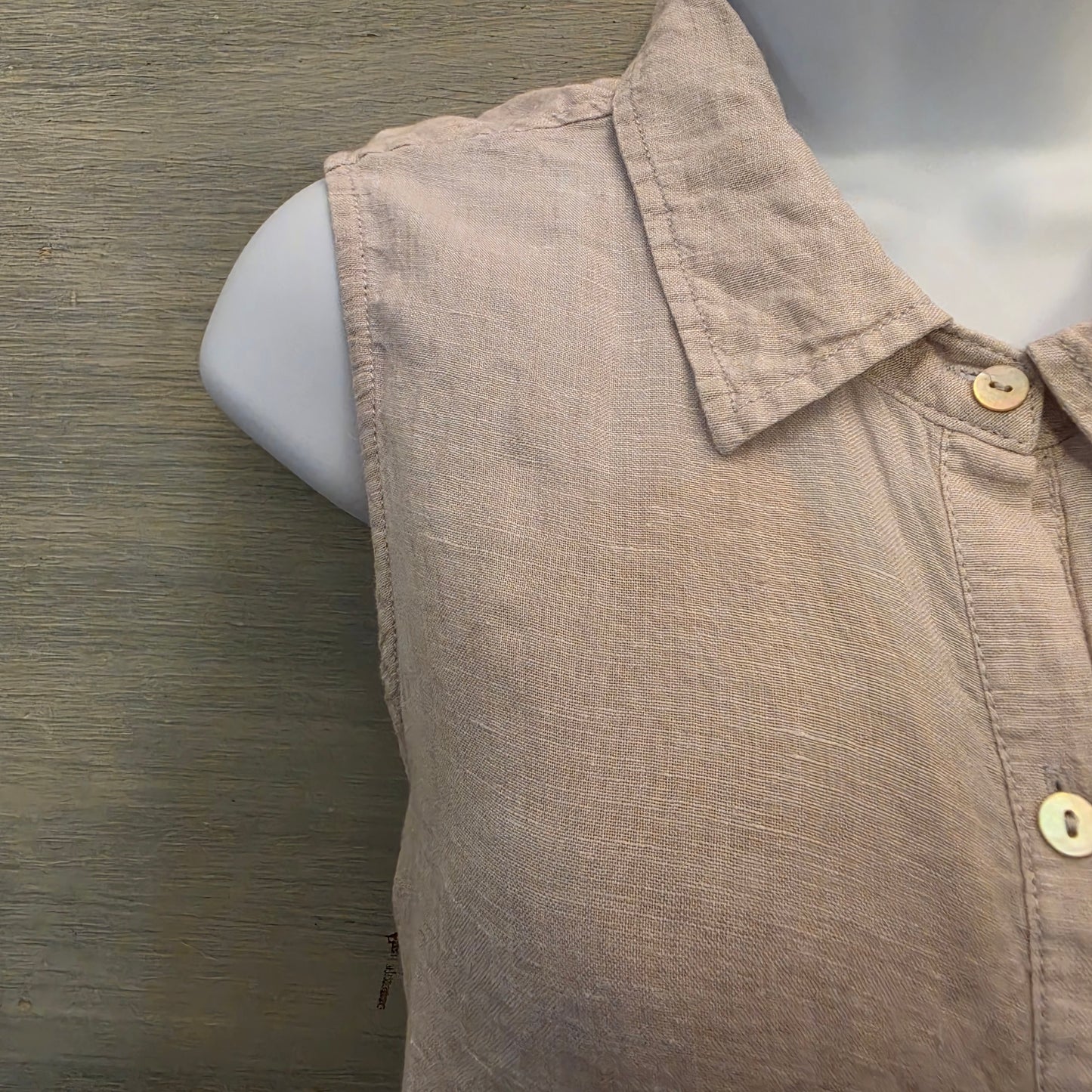 Tahari 100% Linen Beige Sleeveless Button Down Mini Shirt Dress Size Large Good Condition