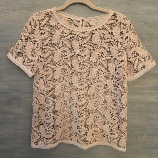 Ann Taylor Loft Blush Pink Crochet Paisley Lace Open Knit Blouse Size Medium Good Condition
