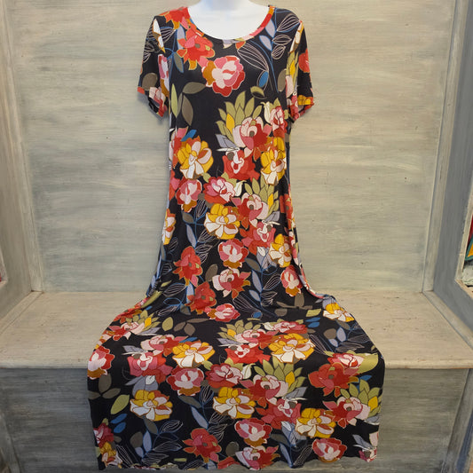 Spense Colorful Floral Print Scoop Neck Slit Side Maxi Dress Size Large Good Condition