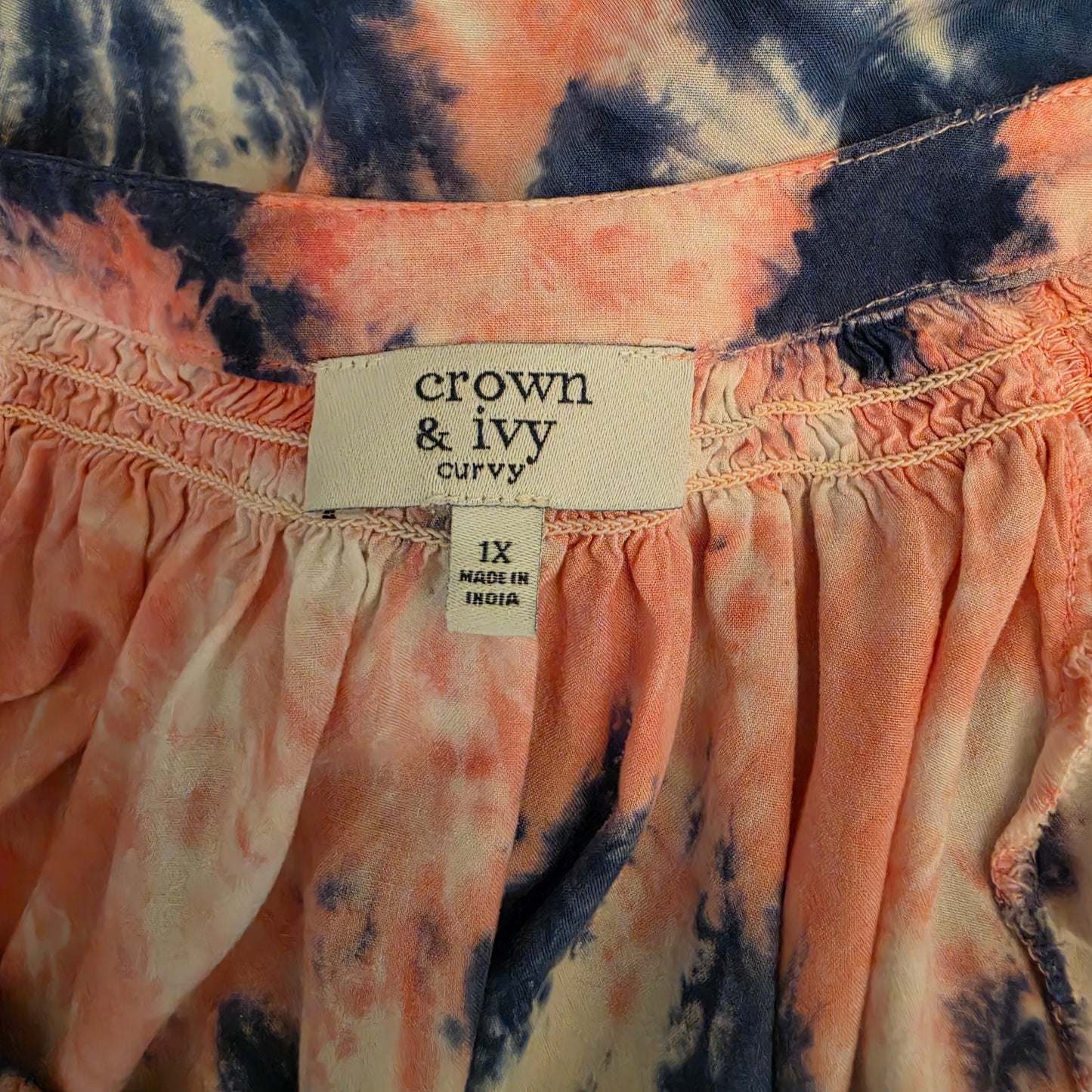 Crown & Ivy Multicolor Tie Dye Split Collar Vneck Tunic Blouse Size 1X Good Conditon