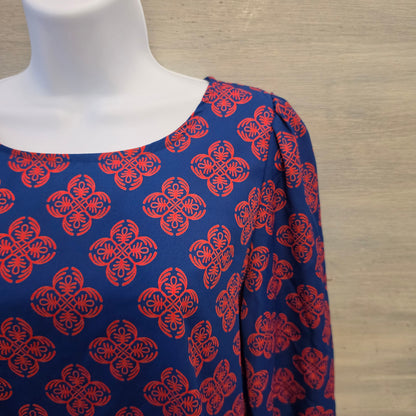 Karlie Blue Red Geometric Block Print Floral Motif Shift Mini Dress Size Medium Good Condition