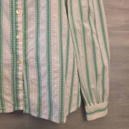Loft 100% Cotton Dobby Striped Ruffle Front Button Down Shirt Size Medium Good Condition