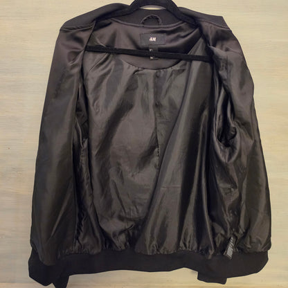 H&M Black Satiny Unisex Embroidered Floral Sunburst Bomber Jacket Size Large Good Condition