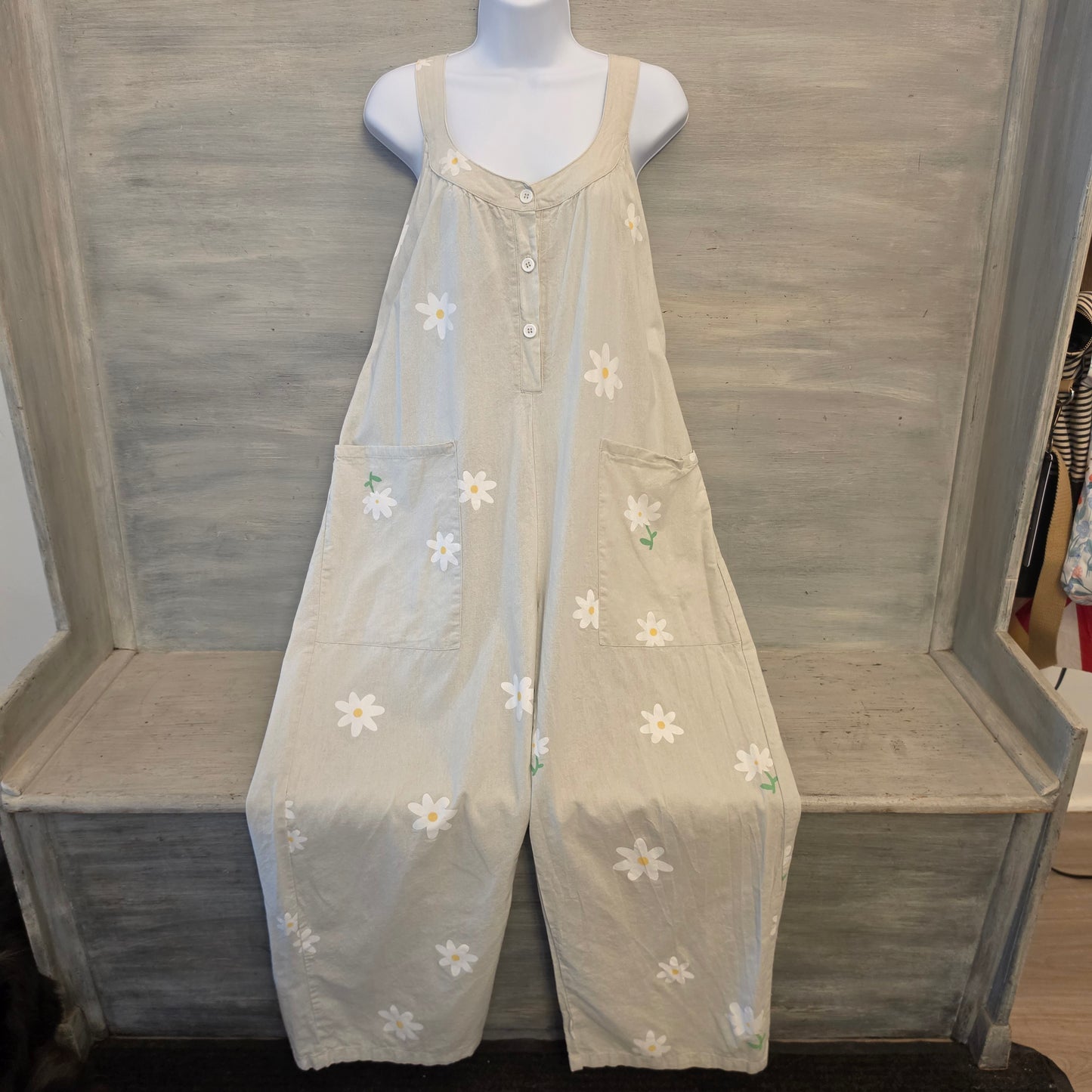 Beige Cotton & Linen Daisy Print Sleeveless Round Neck Jumpsuit Size 2XL Good Condition