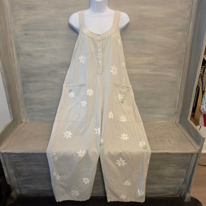 Beige Cotton & Linen Daisy Print Sleeveless Round Neck Jumpsuit Size 2XL Good Condition