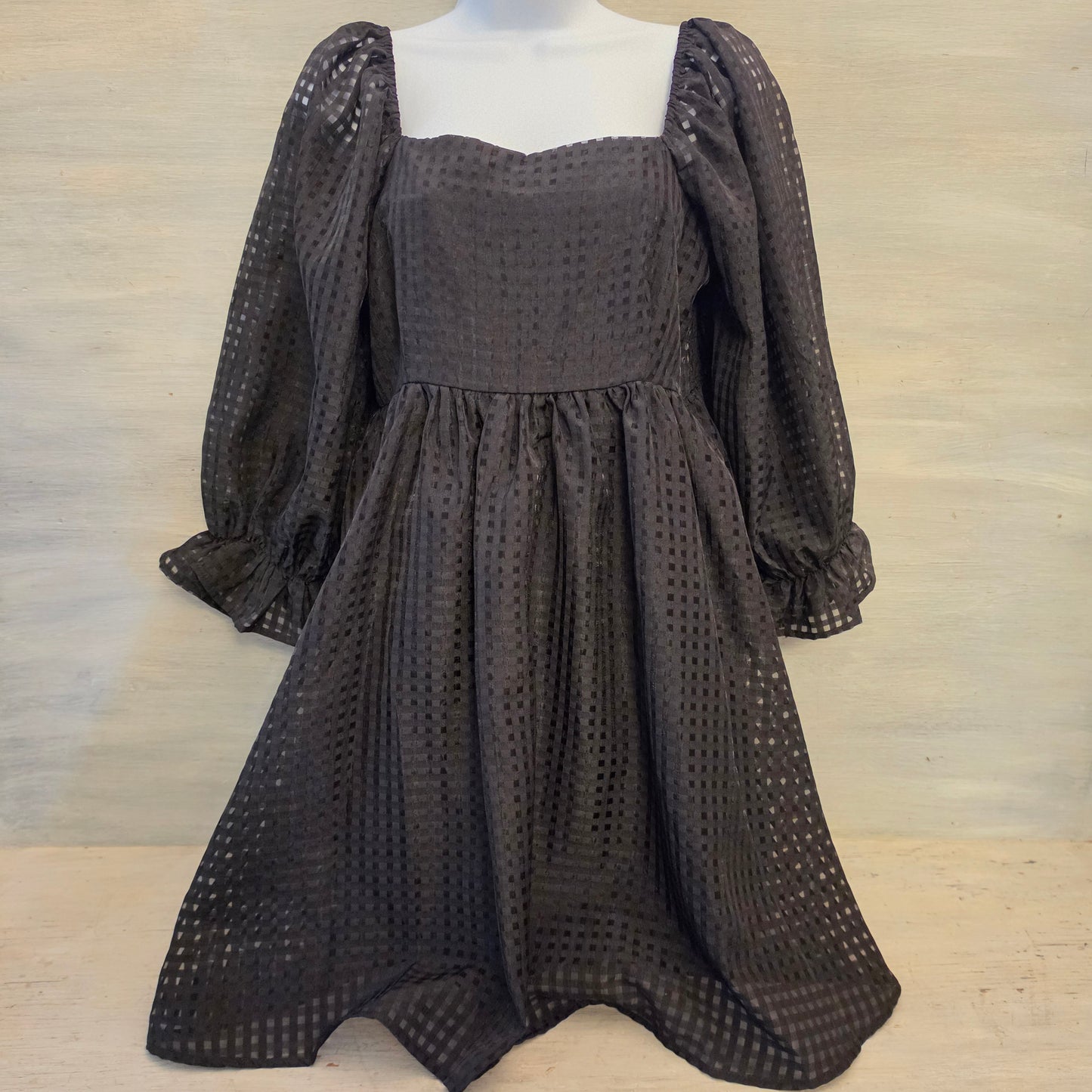Entro Black Checked Puffed Balloon Sleeve Babydoll Mini Dress Size Large Good Condition