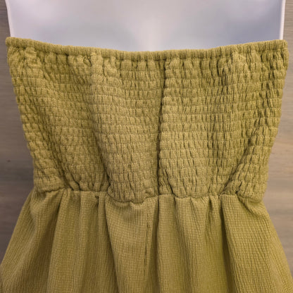Shein Chartreuse Green Crepe Ruched Strapless Wide Leg Jumpsuit Size Small Good Condition