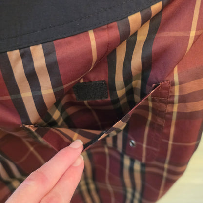 Burberry London Burgundy Black Tan Plaid Tie Waist Board Shorts Size Medium Good Condition
