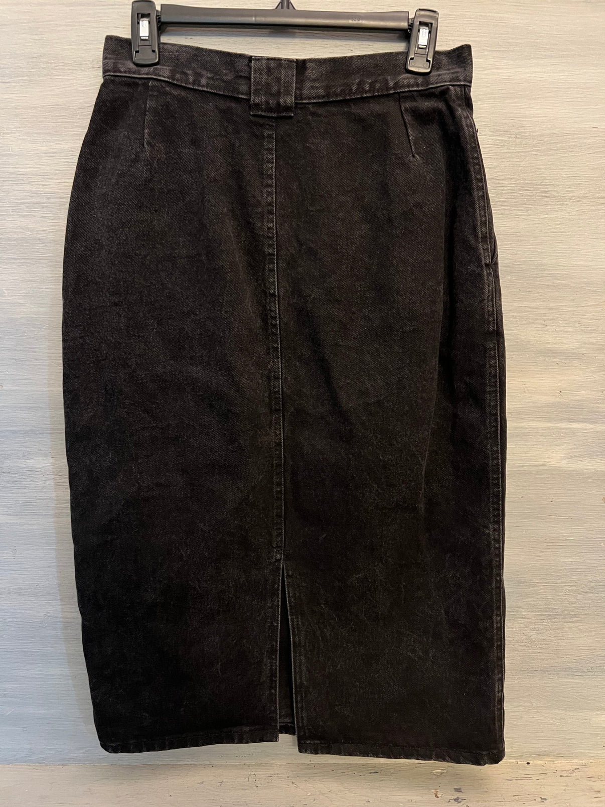 Vintage Chic 100% Cotton Denim Black Midi Pencil Skirt Size 11 Good Condition