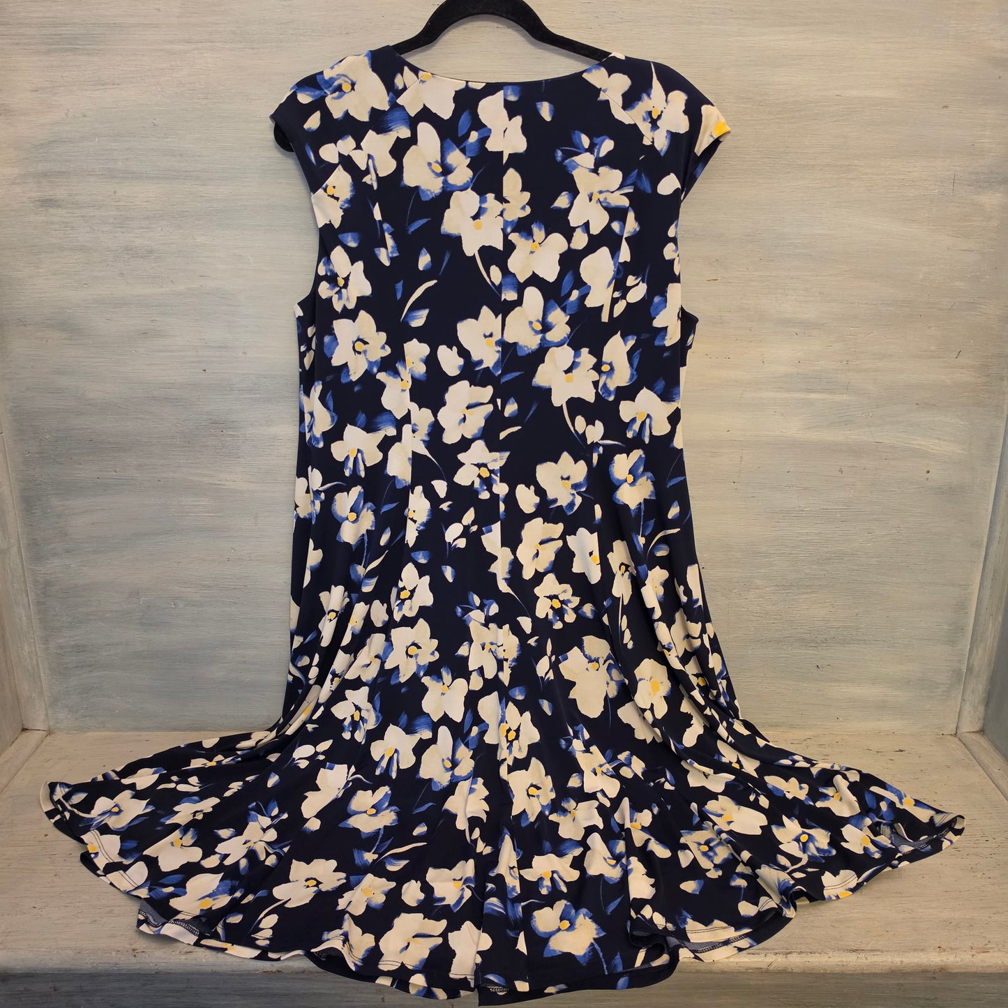 London Times Navy Floral Print Vneck Fit & Flare Midi Dress Size 2XL Good Condition