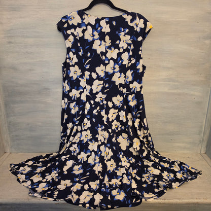 London Times Navy Floral Print Vneck Fit & Flare Midi Dress Size 2XL Good Condition