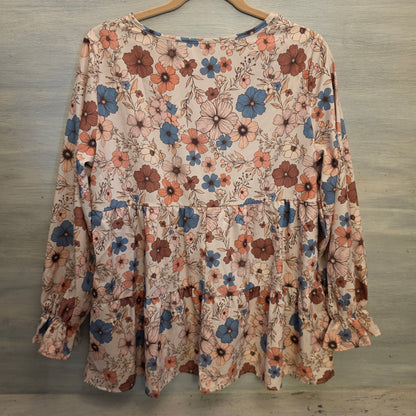 Emery Rose Multicolor Earth Toned Floral Print Tiered Hem Blouse Size Medium Good Condition