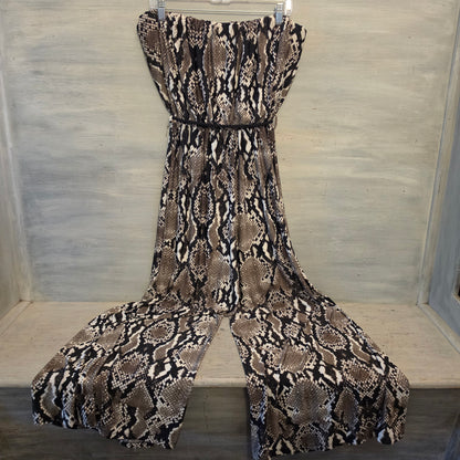 Sandiva Faux Snakeskin Strapless Tie Waist Wide Leg Jumpsuit Size XL Good Condition