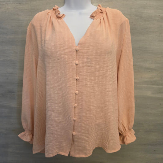 Entro Apricot Ruffle Split Collar Vneck Button Down Blouse Size Large Good Condition