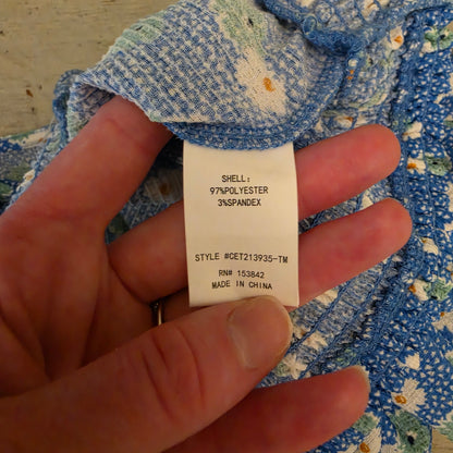 Melloday Sky Blue White Green Daisy Print Vneck Blouse Size XL Good Condition