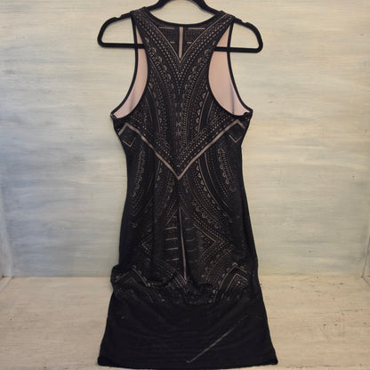 Mossimo Black Geometric Mesh Overlay Midi Dress w/ Nude Liner Size Medium Good Condition