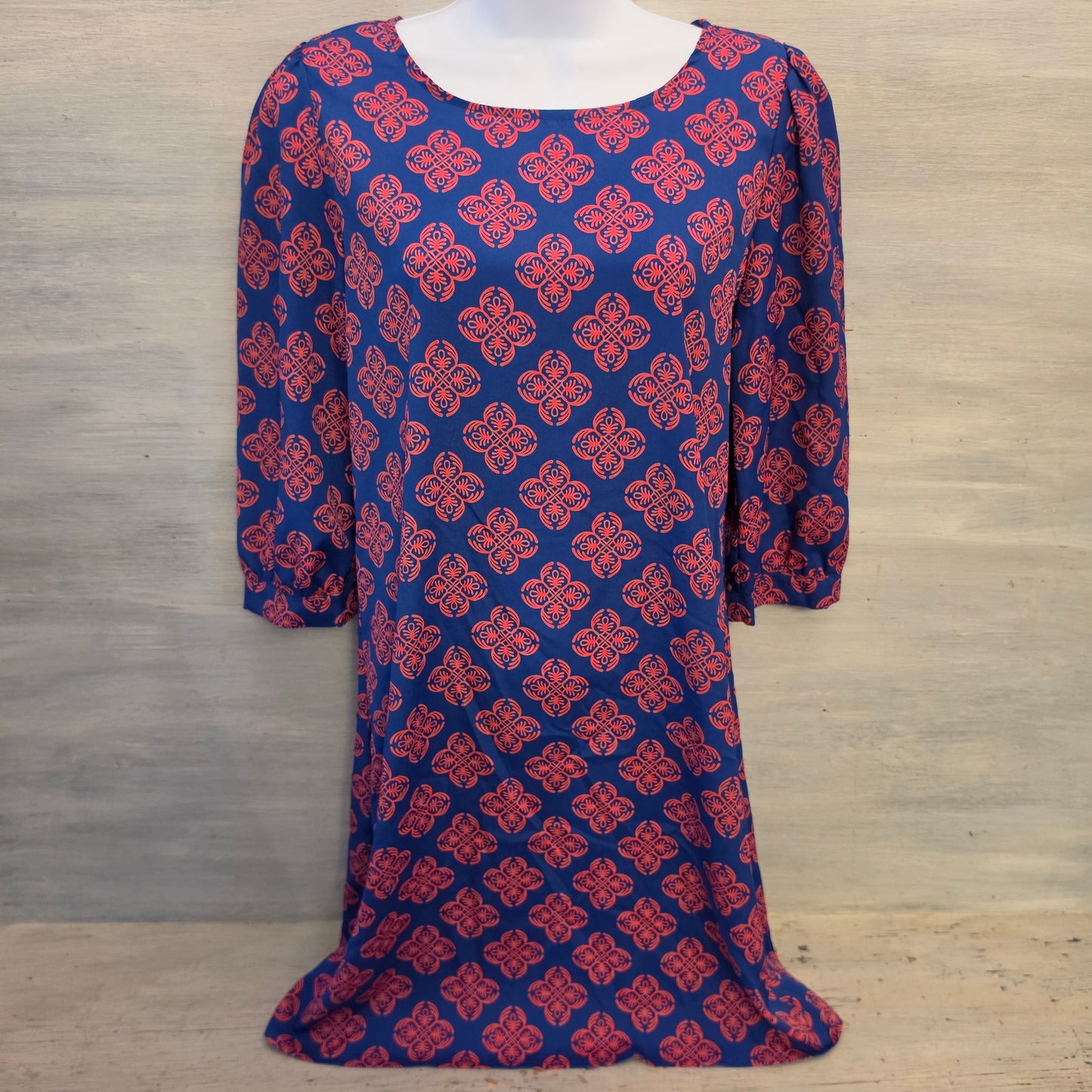 Karlie Blue Red Geometric Block Print Floral Motif Shift Mini Dress Size Medium Good Condition