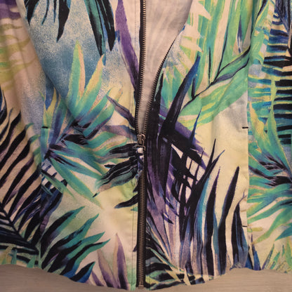 Chico's 98% Cotton Multi Color Abstract Palm Leaf Zip Up Jacket Size 2 Good Condition