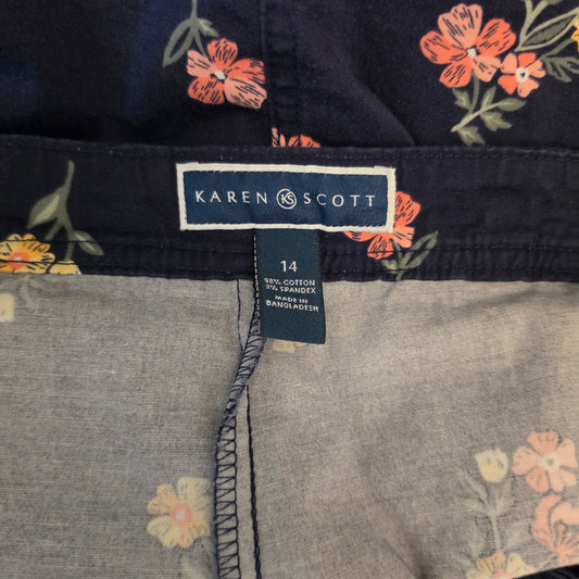 Karen Scott 98% Cotton Navy Multicolor Floral Print Mini Skort Size 14 Good Condition